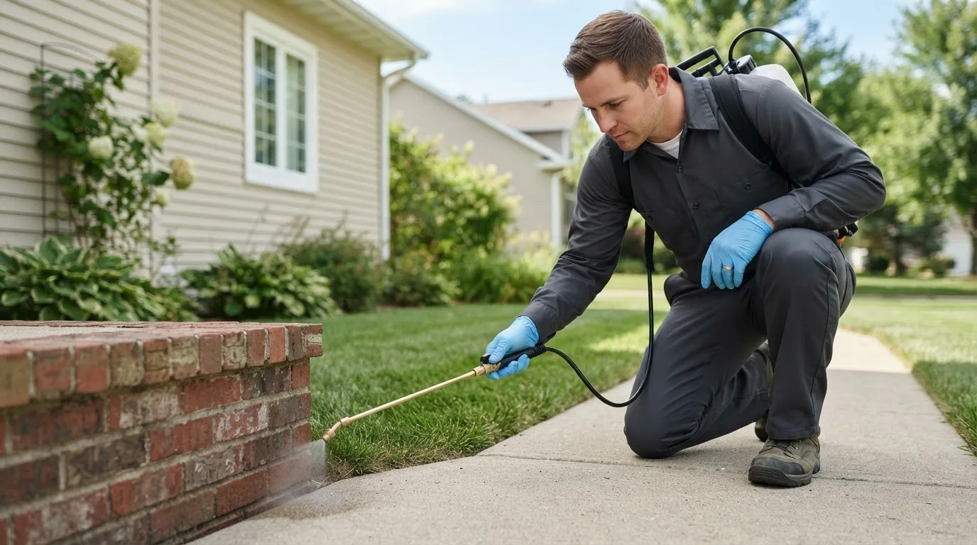Pest control technician treating a home near Rapelje, MT